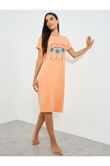 women's graphic print short sleeve round neck knee length nightdress