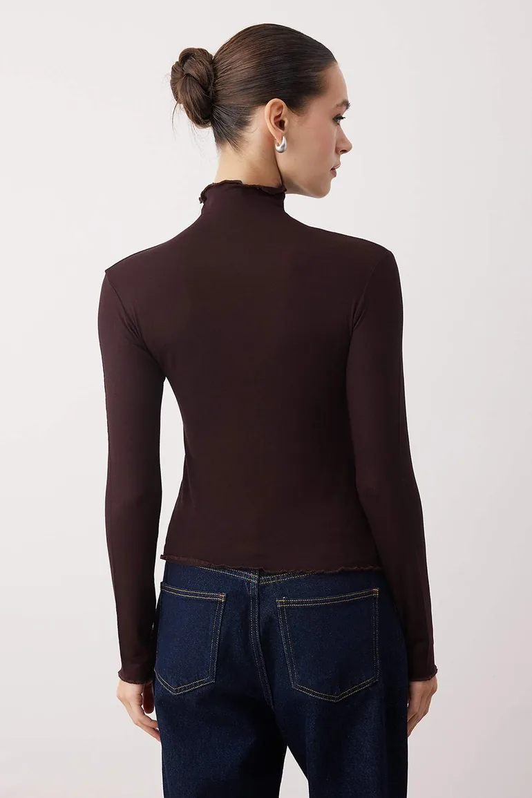 Brown Transparent High Neck Flexible Regular Length Knitted Blouse - 3
