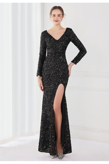 V-Neck Split Side Sequined Gown in Black