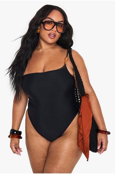 Plus Resin Stone One Shoulder Swimsuit - black