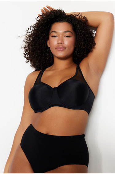 Black Fixed Covered Mesh Detail Compression Plus Size Bra