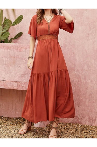 Women Rust Fitted Waist Short Sleeve Maxi Dress