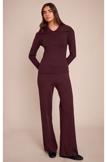 Chocolate Ribbed Knitted Wide Leg Trousers