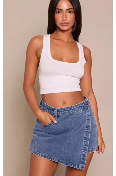 Petite Mid Blue Wrap Front Denim Mini Skort