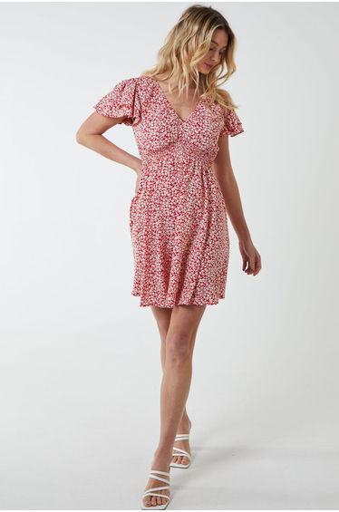Double Ruffle Empire Shirred Mini Dress