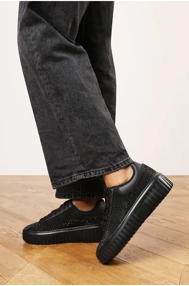 Darcia Black Lace Up Trainer with Diamante pattern and chunky sole