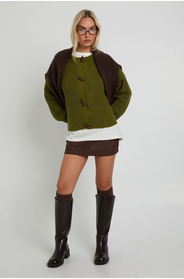 Toggle Button High Neck Knit Cardigan - khaki