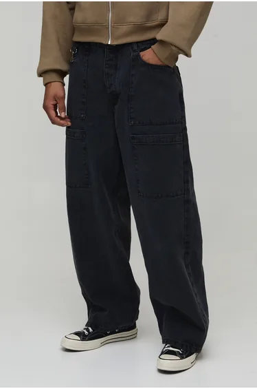 Baggy Fit Washed Panelled Hardware Jeans - washed black