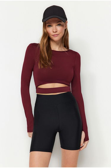 Burgundy Crop Window/Cut Out and Thumb Hole Detail Knitted Sports Top/Blouse