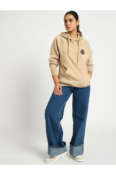 Beige Oversized Raglan Sleeve Graphic Hoodie