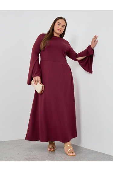 Plus Size Solid Long Sleeves A-Line Maxi Dress