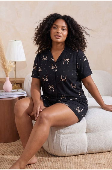 Black Ribbon Shirt Collar Knitted Large Size Pajama Set