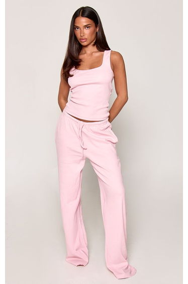 Baby Pink Ribbed Drawstring Waist Pyjama Trousers