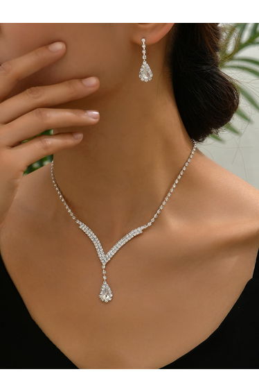 2-Piece Rhinestone Drop Embellished Necklace and Earrings Jewelry Set