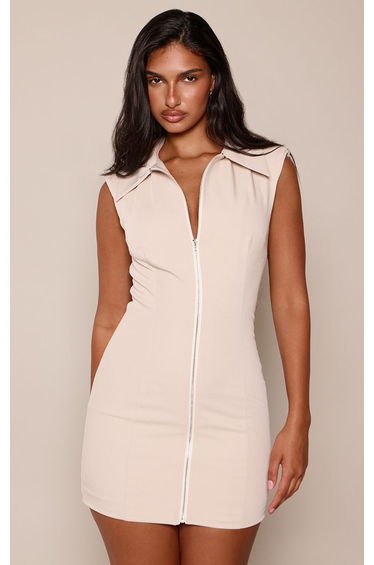 Cream Tailored Shoulder Pad Zip Detail Bodycon Dress