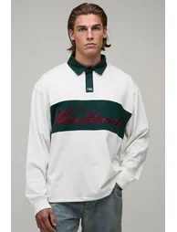 Oversized Worldwide Embroidered Long Sleeve Rugby Polo - ecru