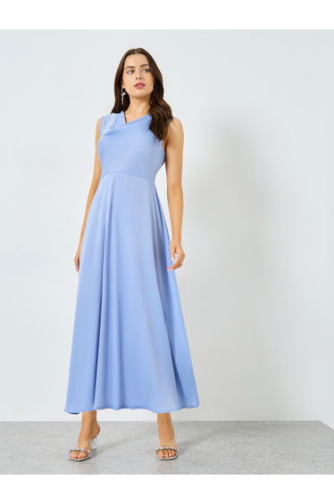 Blue Solid Cowl Neck Maxi Dress