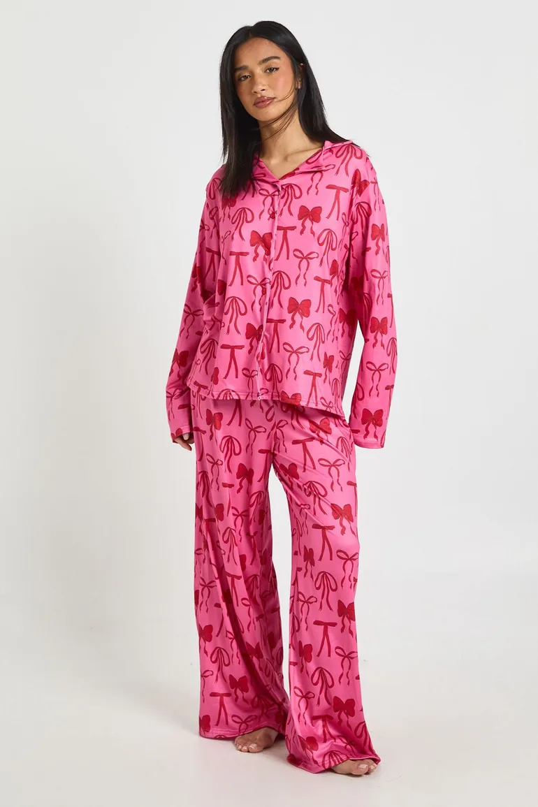 Petite Mixed Bow Print Long Sleeve Top & Trousers Pyjama Set - dark pink