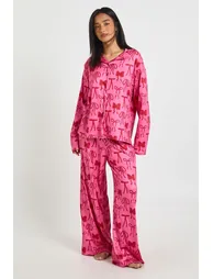 Petite Mixed Bow Print Long Sleeve Top & Trousers Pyjama Set - dark pink