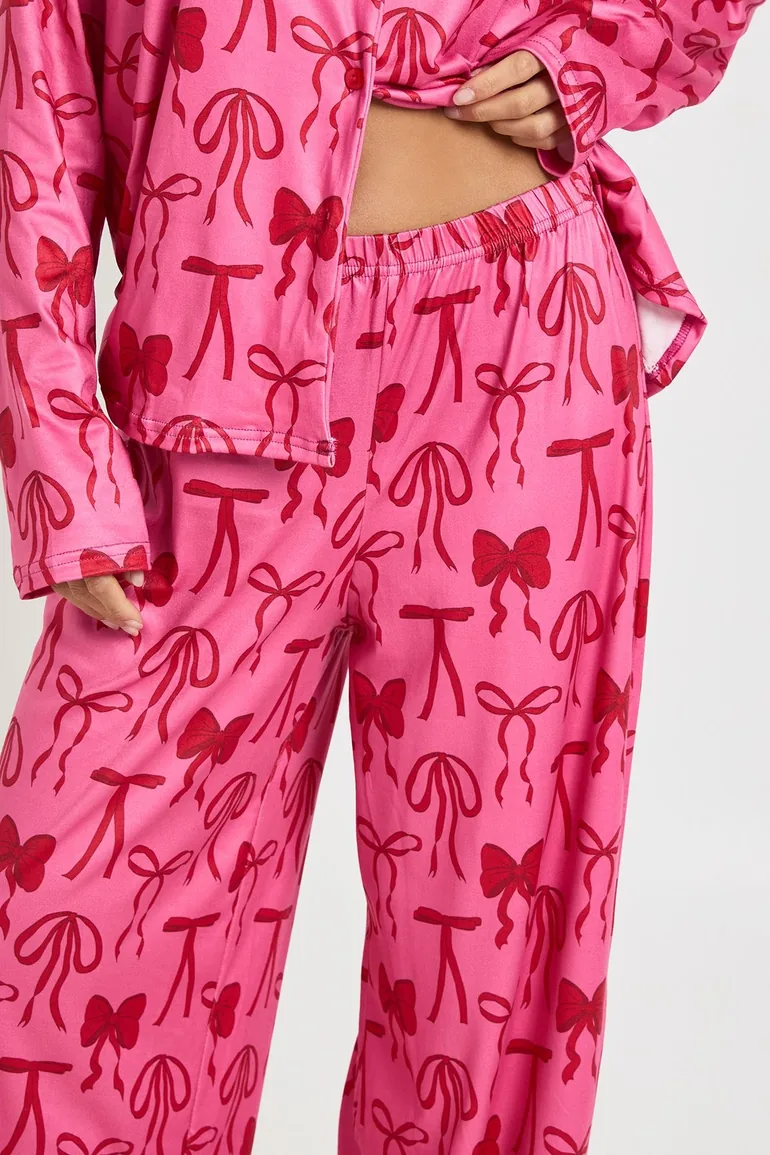 Petite Mixed Bow Print Long Sleeve Top & Trousers Pyjama Set - dark pink - 3