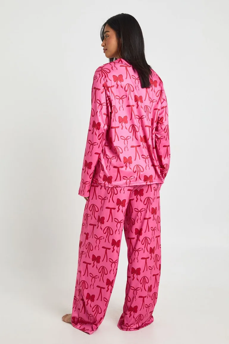 Petite Mixed Bow Print Long Sleeve Top & Trousers Pyjama Set - dark pink - 1