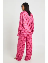 Petite Mixed Bow Print Long Sleeve Top & Trousers Pyjama Set - dark pink - 1
