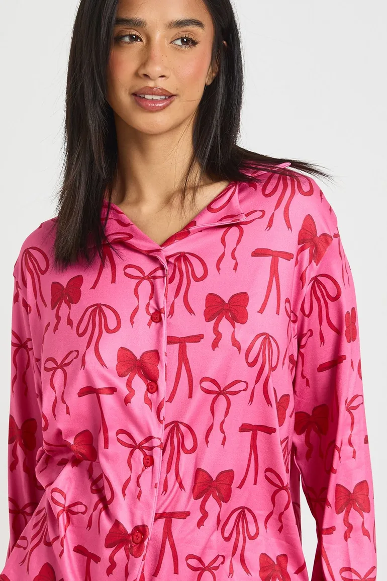 Petite Mixed Bow Print Long Sleeve Top & Trousers Pyjama Set - dark pink - 2