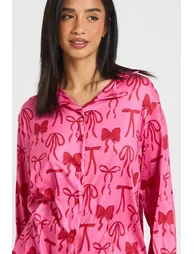 Petite Mixed Bow Print Long Sleeve Top & Trousers Pyjama Set - dark pink - 2