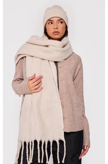 Oatmeal Pocket Stitch Detail Tassel Scarf