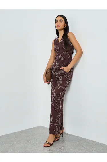 Brown Embroidered Wide Leg Pants