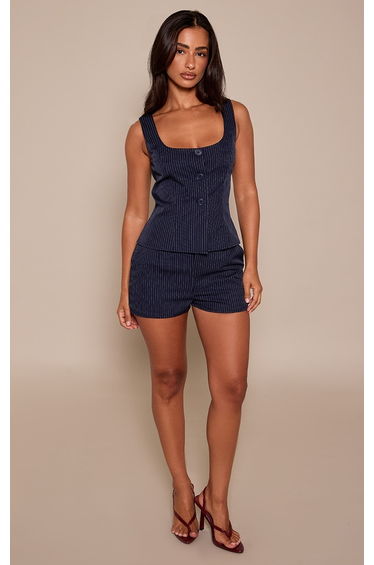 Petite Navy Pinstripe Tailored Mini Shorts