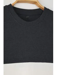 Anthracite Oversize/Wide Cut Color Block Textured T-Shirt - 5