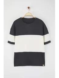 Anthracite Oversize/Wide Cut Color Block Textured T-Shirt - 14
