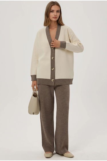 Buttoned Cardigan & Textured High Waist Knit Pants Co-Ord Set