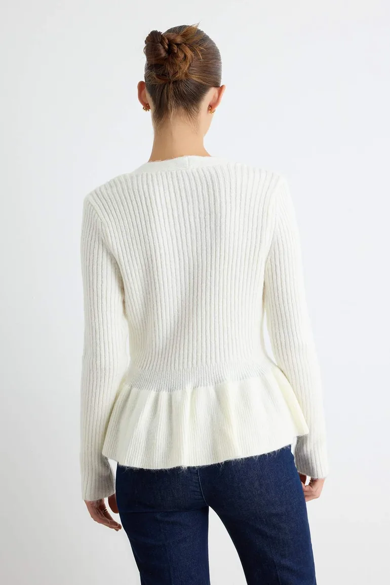 Ecru Soft Textured V-Neck Waist-Fitted Peplum Knitwear Cardigan - 3
