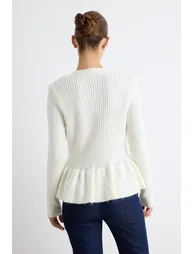 Ecru Soft Textured V-Neck Waist-Fitted Peplum Knitwear Cardigan - 3