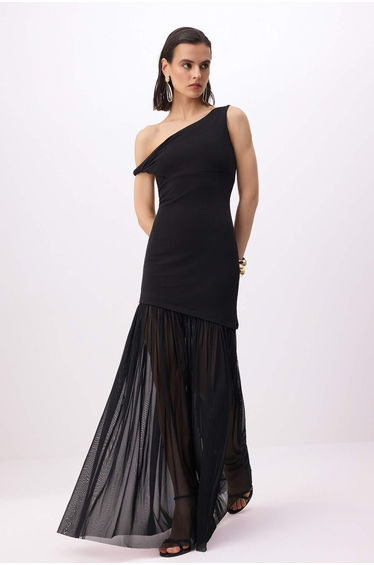 Black Knitted Tulle Skirt Detailed Maxi Evening Dress & Graduation Dress
