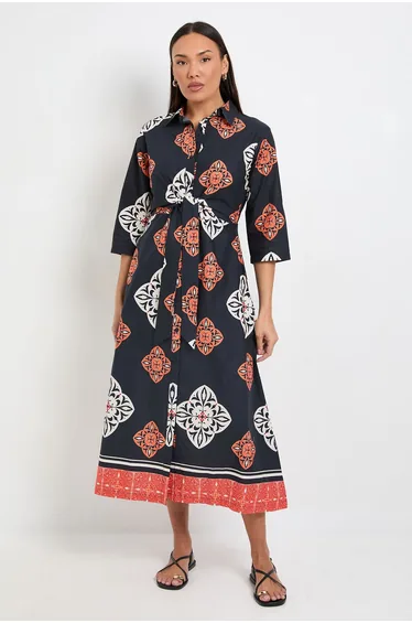 Tile Print Tie Front Midi Shirt Dress