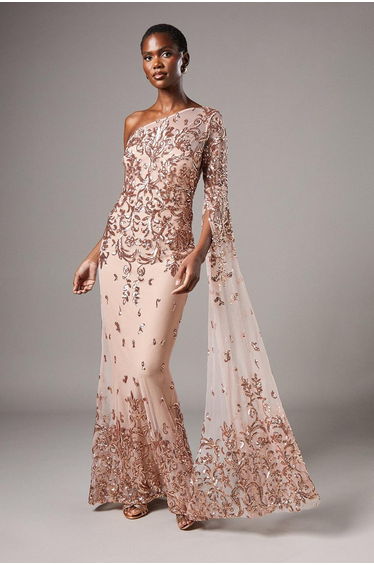 One Shoulder Maxi Dress In Lace With Cape Sleeve