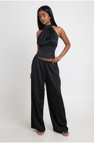 Textured Woven High Neck Top and Wide Leg Trouser Set - black