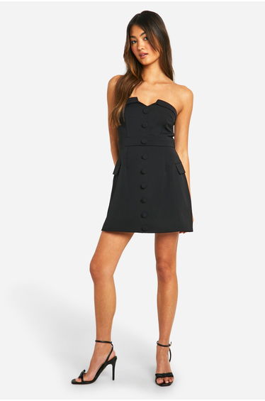 Button Front Bandeau Tailored Mini Dress - black