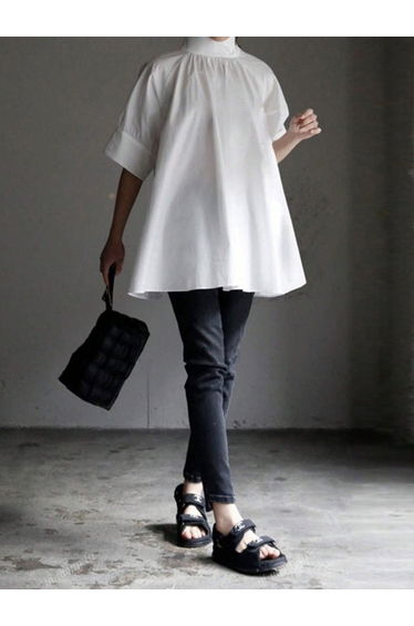 Half Sleeves Loose Solid Color High Neck Blouses&Shirts Tops