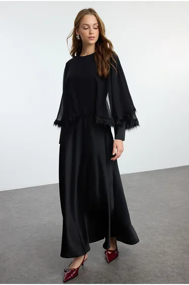 Black Cape Detailed Woven Chiffon Evening Dress