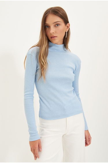 Blue Fitted/Small Collar Long Sleeve Ribbed Stretch Knit Blouse