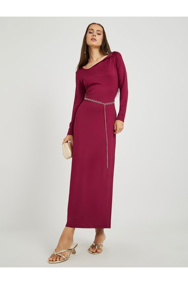 Solid Asymmetric Neck Sheath Dress with Waist Chain