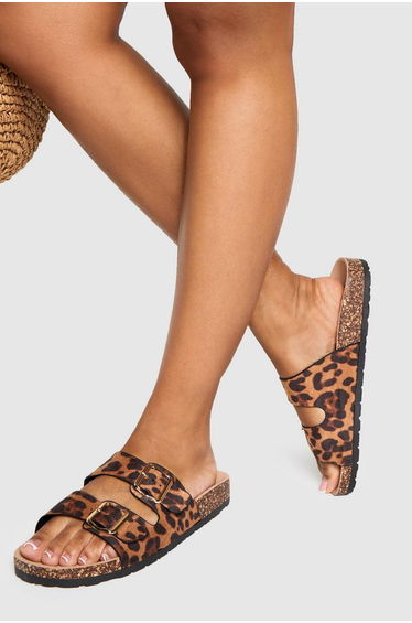 Double Buckle Footbed Sliders - leopard
