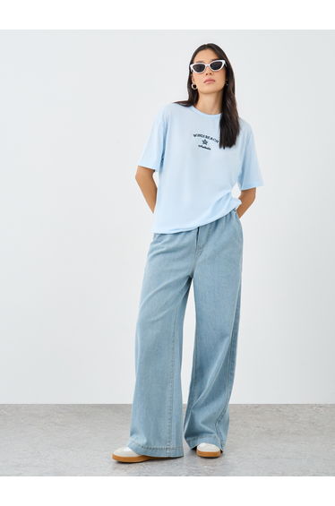 Women Light Blue Bondi Beach Embroidered Oversized T-Shirt