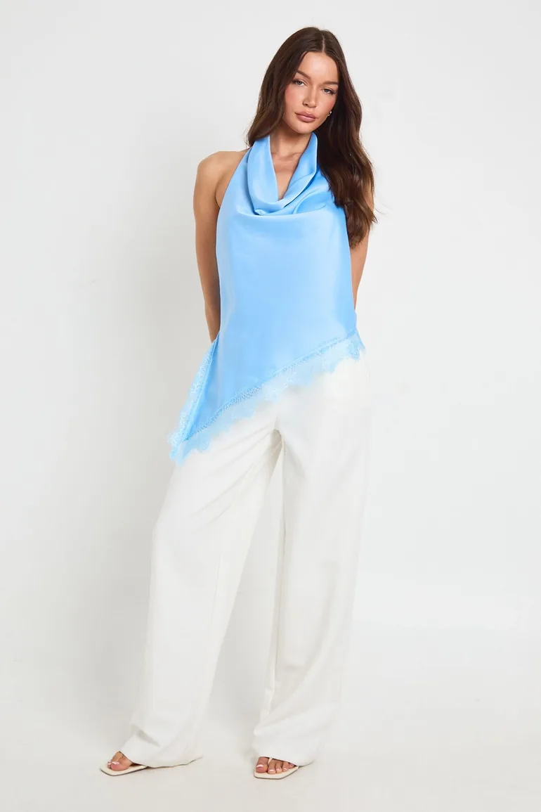 Lace Hem Cowl Top - baby blue