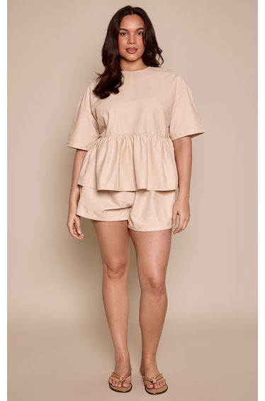 Plus Oatmeal Textured Woven Peplum Hem Top