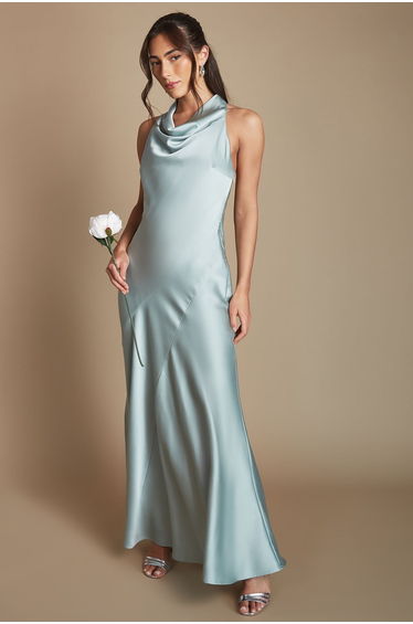Sage Cowl Halterneck Satin Maxi Bridesmaid Dress